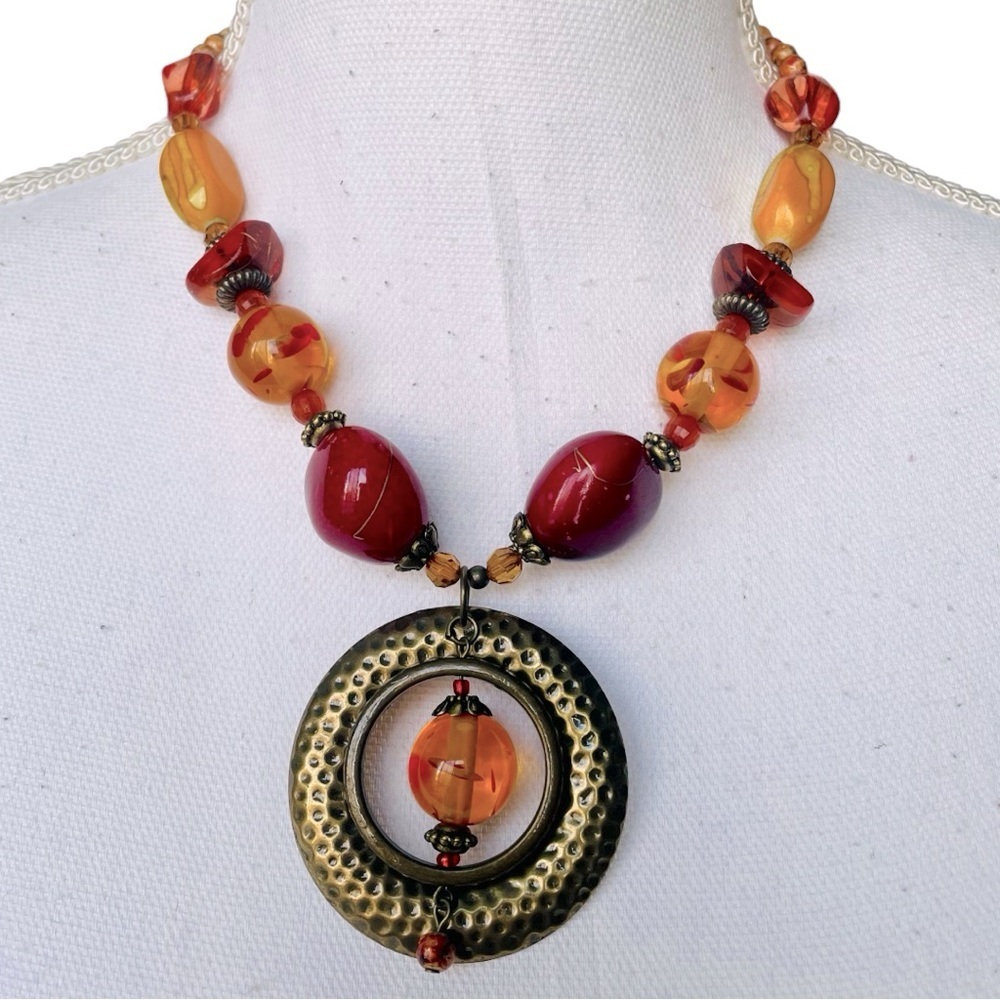 Orange and Red Beaded Pendant Necklace